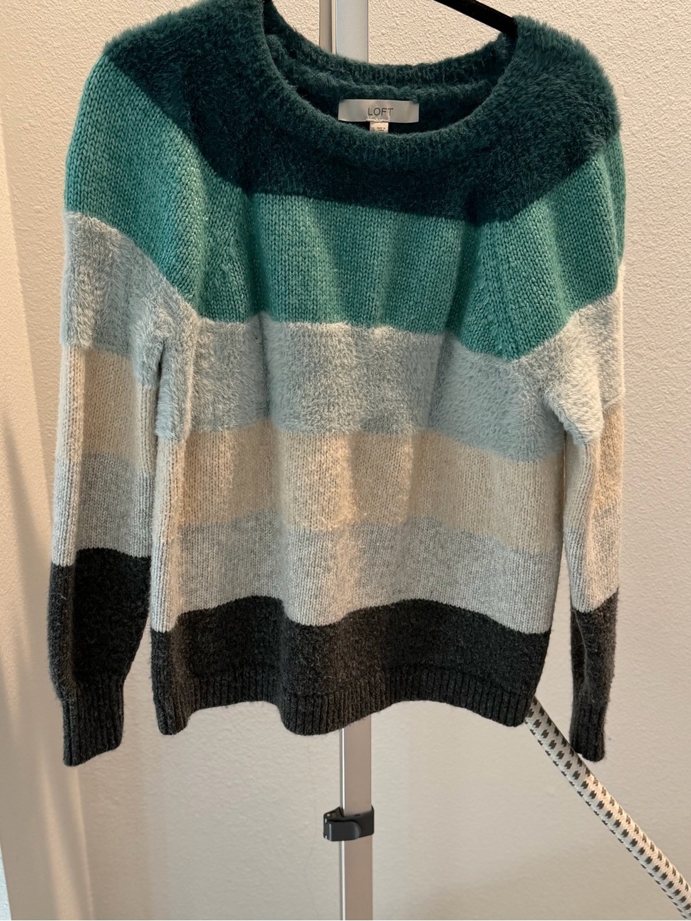 LOFT Striped Crewneck Sweater in Teal, Light Blue, Cream & Charcoal